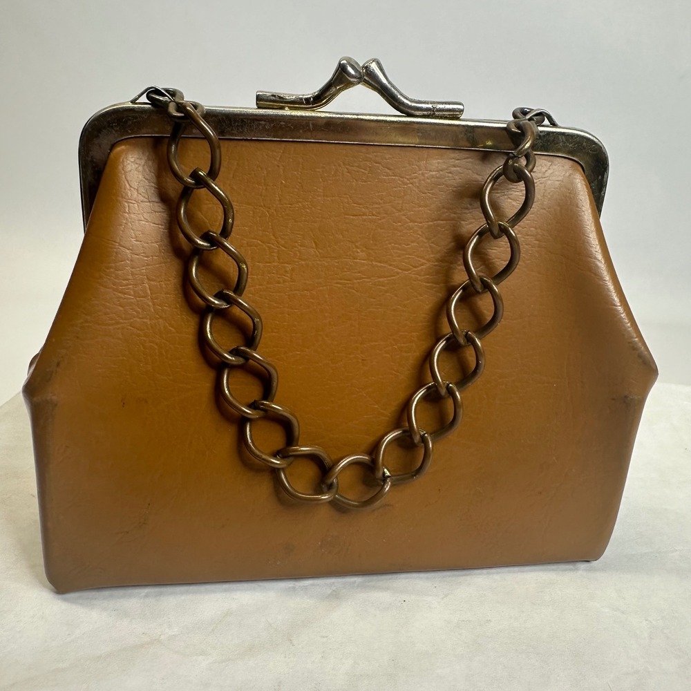 Vintage Style Cognac Brown Bow Frame‎ Clutch Kiss Lock Chain Handle Handbag - Picture 3 of 10